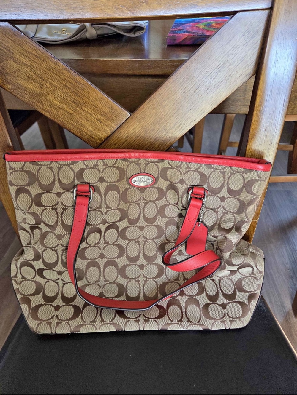 Coach Brown Signature Canvas Tote with Red Trim